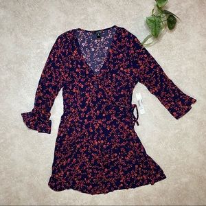 NWT Aqua Navy Ruffle Wrap Dress with Red Floral Print Size Medium